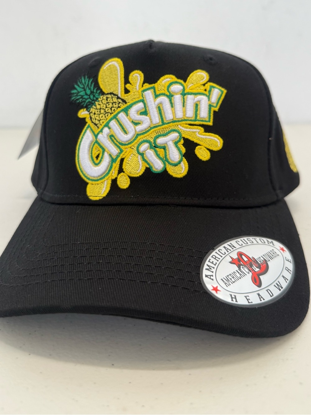 Crushin' It Black Baseball Cap with Yellow Pineapple Embroidery